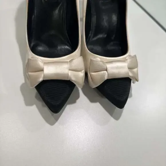 J.Crew Black Cream Two-Tone Stiletto Heel Bow Pointed Toe Pumps 8.5 - Picture 6 of 12